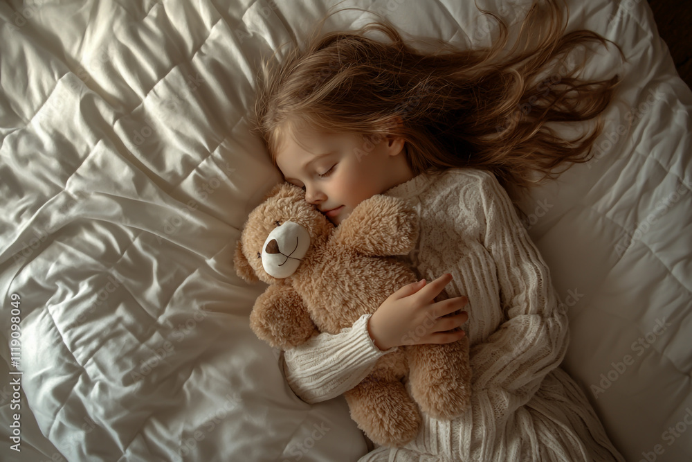 A cute little girl is sleeping in bed, holding her teddy bear and pulling it close to her. A cute little girl is sleeping in bed, holding her teddy bear and pulling it close to her.