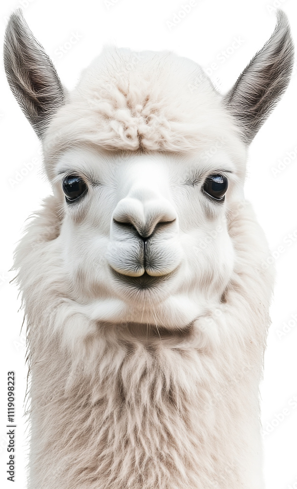 Obraz premium Close-up portrait of a white alpaca with fluffy fur, isolated on white. Adorable animal with curious expression, nature and wildlife concept