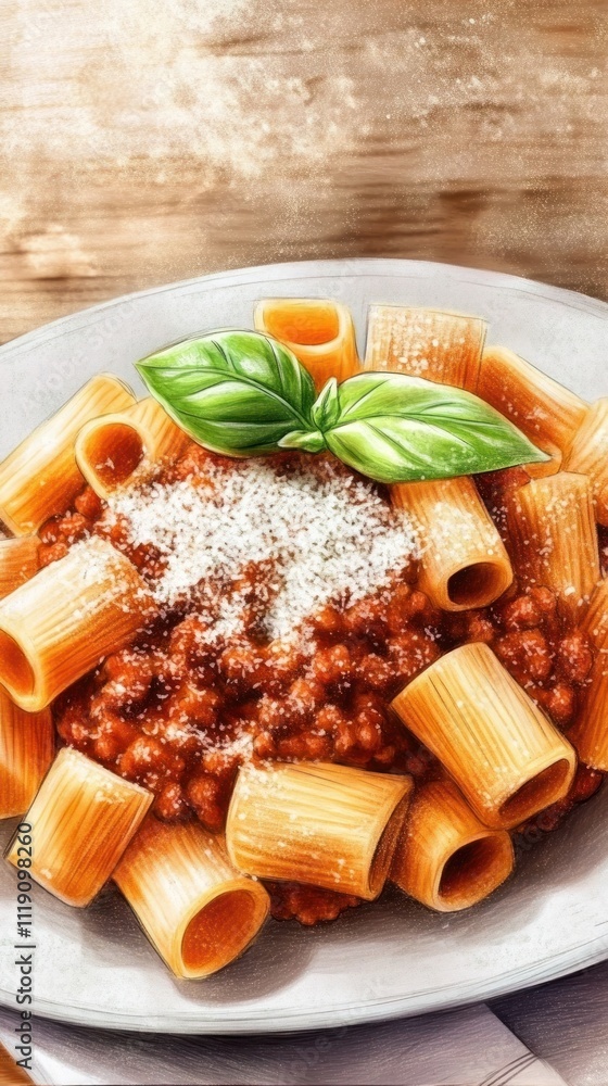 A plate of rigatoni pasta topped with meat sauce, grated cheese, and fresh basil. A plate of rigatoni pasta topped with meat sauce, grated cheese, and fresh basil.