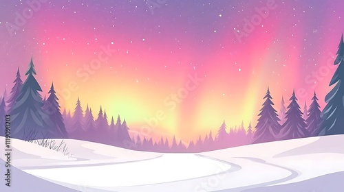 A Snowy Forest Under a Pink and Purple Aurora Borealis