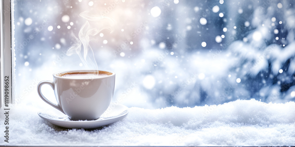 Winter Wonderland Coffee: A steaming cup of coffee sits on a snowy windowsill, the perfect cozy scene for a winter's day. The soft light and falling snow create a peaceful and tranquil atmosphere. Winter Wonderland Coffee: A steaming cup of coffee sits on a snowy windowsill, the perfect cozy scene for a winter's day. The soft light and falling snow create a peaceful and tranquil atmosphere.