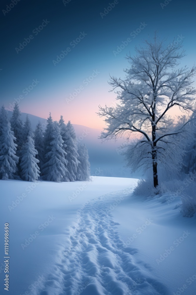 snowy path leading to a tree in a snowy field snowy path leading to a tree in a snowy field