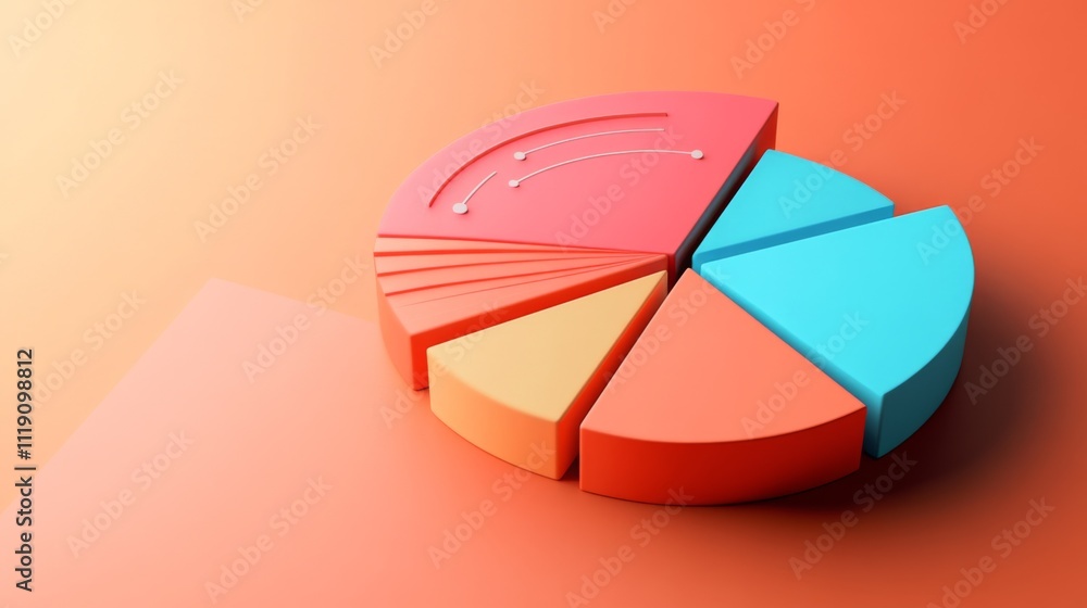 Obraz premium Vibrant 3D Pie Chart with Sections and Lines on Colorful Background