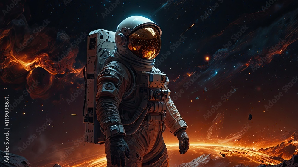 An astronaut stands confidently against a backdrop of colorful cosmic elements and swirling energy embodying the adventure of space exploration An astronaut stands confidently against a backdrop of colorful cosmic elements and swirling energy embodying the adventure of space exploration