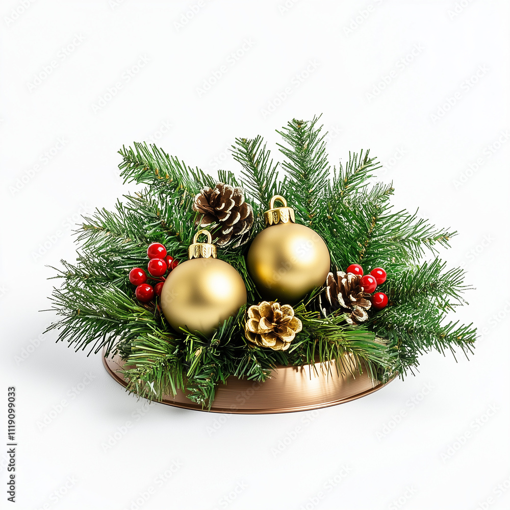 small christmas greenery with bells table isolated on white background, photo realistic, shot on table from the front view small christmas greenery with bells table isolated on white background, photo realistic, shot on table from the front view