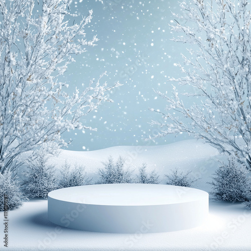 empty podium background mockup, winter season, realistic 