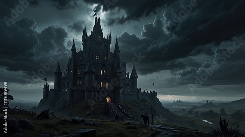 A grand Gothic castle looms against a stormy sky its illuminated windows contrasting with dark clouds and a foreboding atmosphere in the landscape