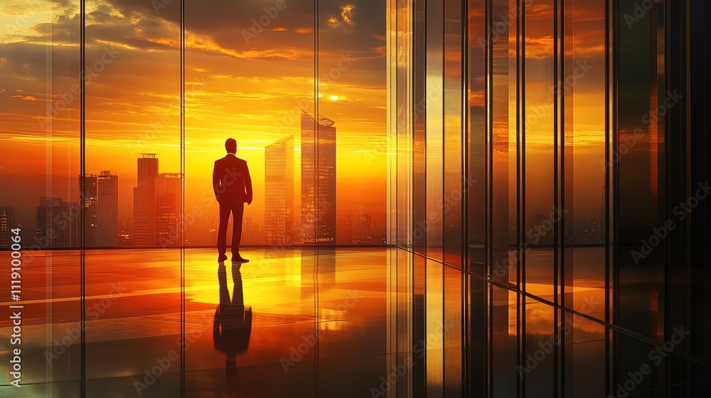 Businessman silhouetted against a vibrant sunset cityscape viewed from a modern office. Businessman silhouetted against a vibrant sunset cityscape viewed from a modern office.