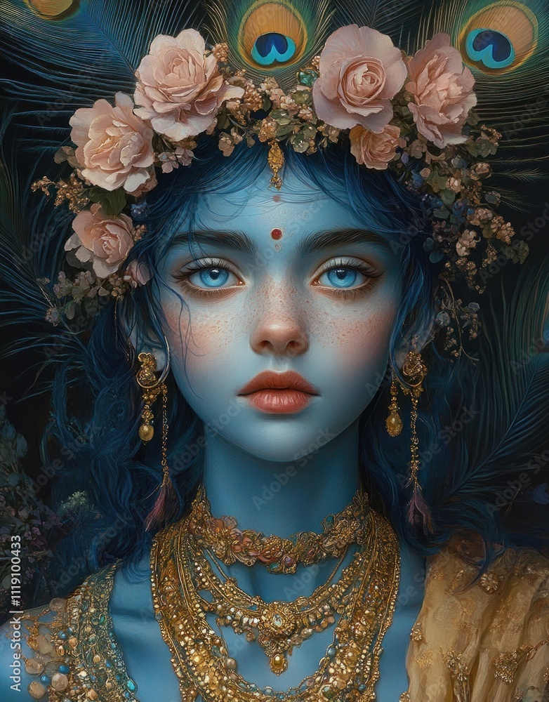 Krishna Blue Skinned God Festival Portrait with Floral Crown and Peacock Feathers Krishna Blue Skinned God Festival Portrait with Floral Crown and Peacock Feathers
