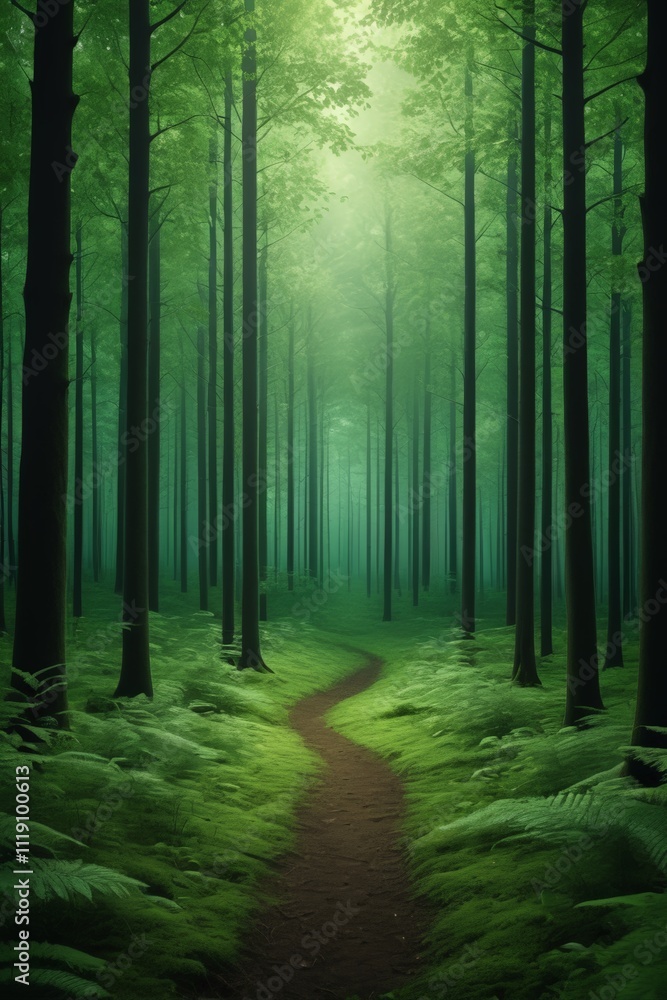 Obraz premium arafed path in a green forest with a path leading through it