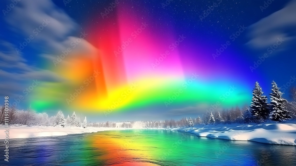 A Rainbow Aurora Borealis Reflects in a Frozen River A Rainbow Aurora Borealis Reflects in a Frozen River