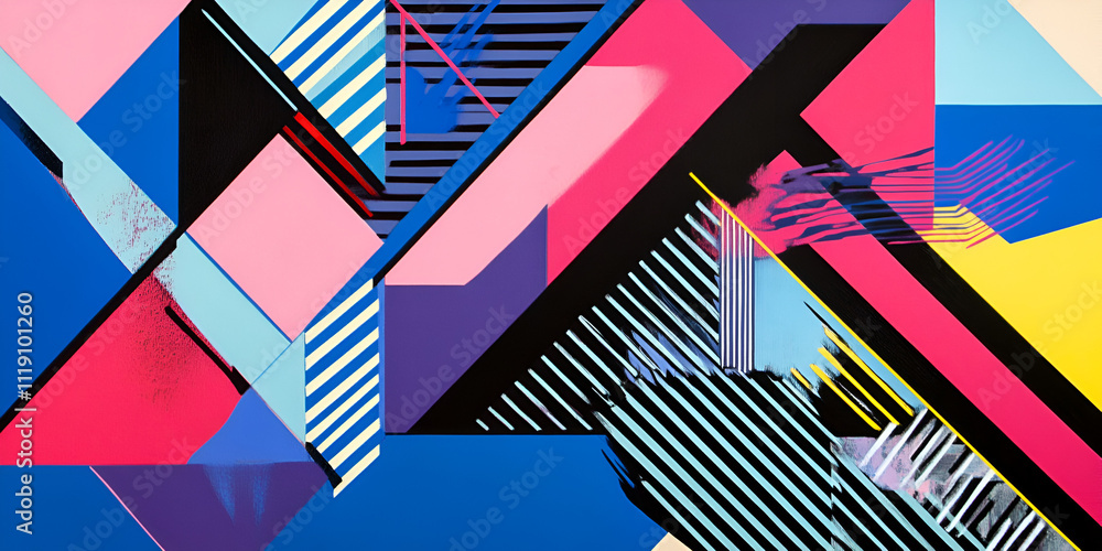 Geometric Abstract Art: A vibrant, colorful abstract art piece with bold lines and geometric shapes. The colors are bright and contrasting, creating a dynamic and energetic composition. Geometric Abstract Art: A vibrant, colorful abstract art piece with bold lines and geometric shapes. The colors are bright and contrasting, creating a dynamic and energetic composition.