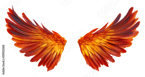 Fiery red and orange angel wings isolated on transparent background