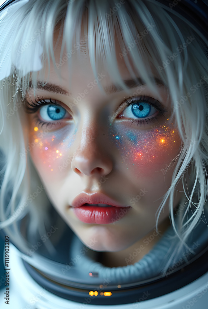 a close up of a woman with blue eyes wearing a white space suit with a helmet on her head and a sci - fi filament on her face.
a close up of a woman with blue eyes wearing a white space suit with a helmet on her head and a sci - fi filament on her face.