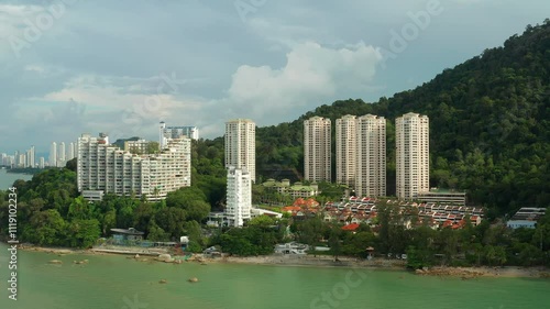 Batu Ferringhi coastline aerial view, Penang Island, Malaysia photo