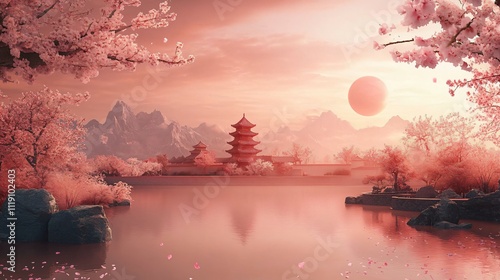 A tranquil scene of traditional Asian pagodas by a serene waterway, framed by blooming cherry blossoms, ideal for design projects related to festivals and peaceful landscapes. photo