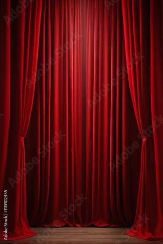 a close up of a red curtain with a wooden floor