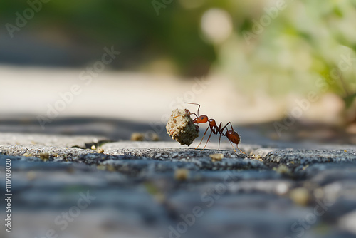 Ant carrying crumb nature macro ground level strength photo