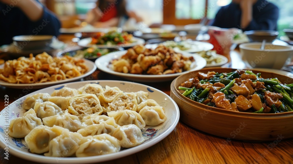 A beautiful spread of authentic Chinese dishes on a table, showcasing dumplings, noodles, and stir-fried vegetables. A beautiful spread of authentic Chinese dishes on a table, showcasing dumplings, noodles, and stir-fried vegetables.