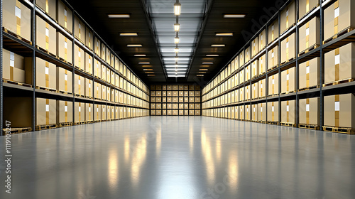 Wallpaper Mural Vast warehouse interior with rows of stacked cardboard boxes on metal shelving, showcasing efficient storage and logistics. Torontodigital.ca