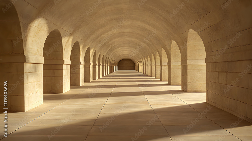 long underground tunnel with endless arches and soft lighting creates serene atmosphere long underground tunnel with endless arches and soft lighting creates serene atmosphere