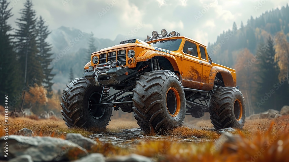Bigfoot monster truck driving off-road outdoors on steep and muddy terrain Bigfoot monster truck driving off-road outdoors on steep and muddy terrain