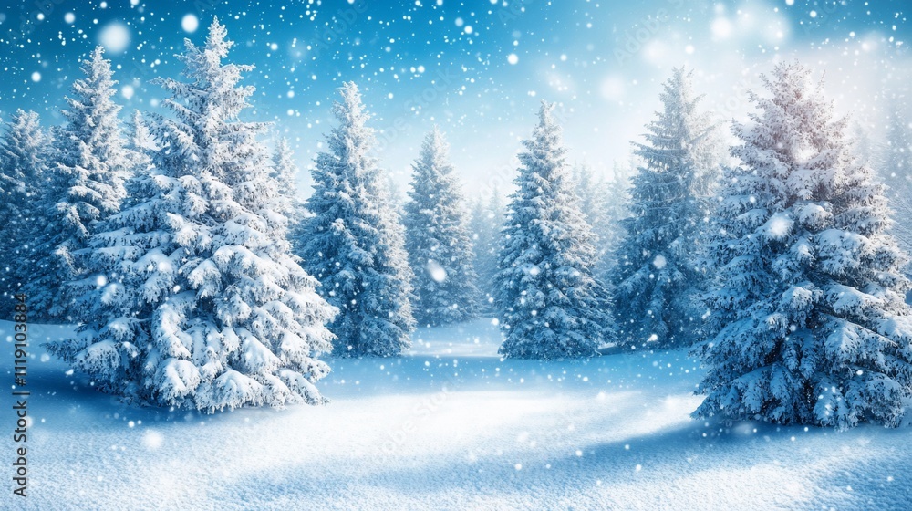 Winter wonderland, snow-covered trees in a frosty landscape, idyllic scenery with falling snow. Winter wonderland, snow-covered trees in a frosty landscape, idyllic scenery with falling snow.