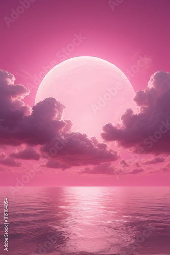 arafed view of a pink sky with a full moon over the ocean