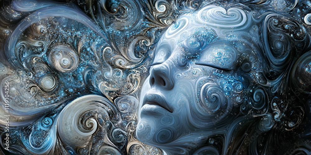 Tranquil Mind: A surreal portrait of a woman lost in a dreamlike state, her face enveloped by swirling blue and grey patterns. The image invites viewers to explore the depths of their own inner world. Tranquil Mind: A surreal portrait of a woman lost in a dreamlike state, her face enveloped by swirling blue and grey patterns. The image invites viewers to explore the depths of their own inner world.