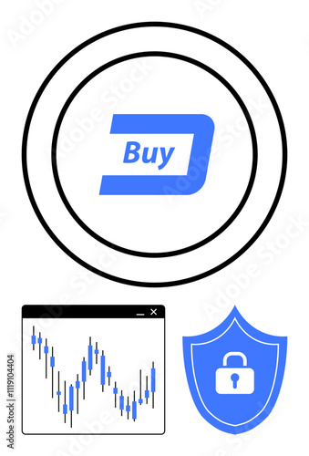 Buy button inside circle, stock market chart with fluctuating lines, shield with lock in center. Ideal for online trading, cryptocurrency, finance education, security, investment strategies, digital