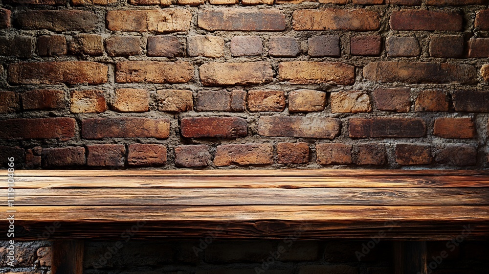 Rustic wooden table against a brick wall background. (2) Rustic wooden table against a brick wall background. (2)