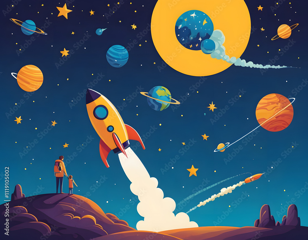 Captivating Outer Space Illustration for Kids: Rocket Launch Adventure Captivating Outer Space Illustration for Kids: Rocket Launch Adventure