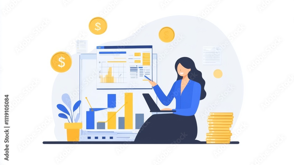 Businesswoman Analyzing Financial Data with Laptop and Charts Businesswoman Analyzing Financial Data with Laptop and Charts