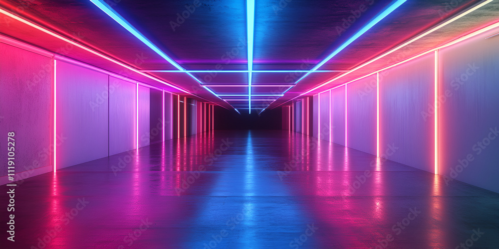 Neon Tunnel: A vibrant and futuristic tunnel illuminated by neon lights in shades of blue, pink, and red. The reflective floor creates a captivating kaleidoscope of colors. Neon Tunnel: A vibrant and futuristic tunnel illuminated by neon lights in shades of blue, pink, and red. The reflective floor creates a captivating kaleidoscope of colors.