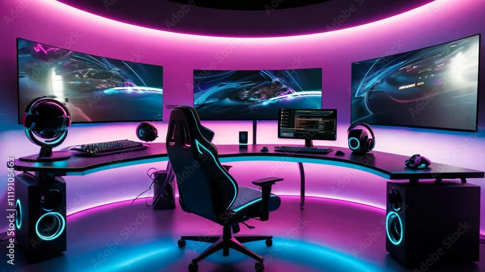 Gaming desk set up with neon light ambiance Gaming desk set up with neon light ambiance