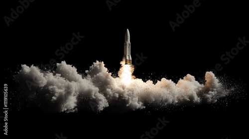 Nuclear ballistic rocket, complex. Launch rocket, dust. Isolate. 3d rendering. photo