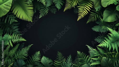 Lush green tropical leaves frame on black background.