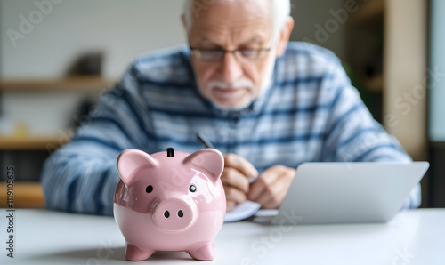 Senior man planning retirement, savings, piggy bank in focus. Laptop and notepad blurred background.