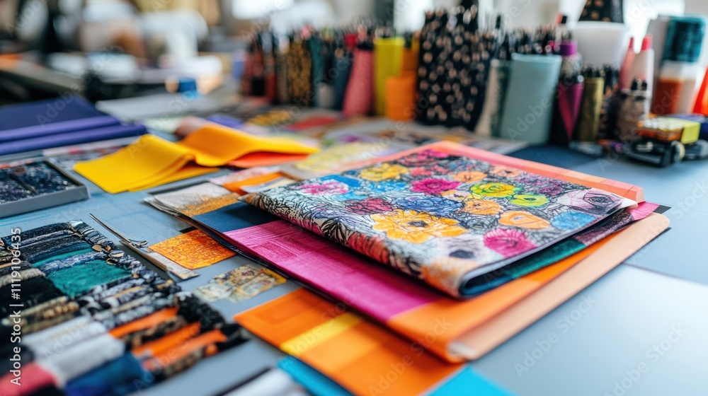A desk filled with colorful fabric swatches, pencils, and other design supplies. A desk filled with colorful fabric swatches, pencils, and other design supplies.