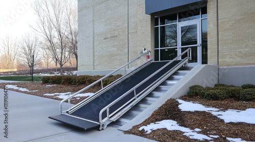 Portable wheelchair ramp set up at a building entrance for accessibility photo