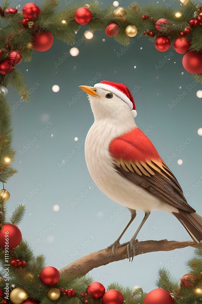 Bird with Santa hat on Christmas tree Bird with Santa hat on Christmas tree
