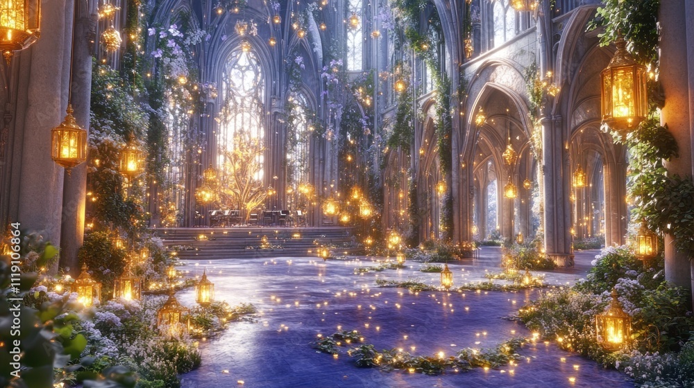 A magical, illuminated indoor garden with glowing lanterns and floral decorations. A magical, illuminated indoor garden with glowing lanterns and floral decorations.