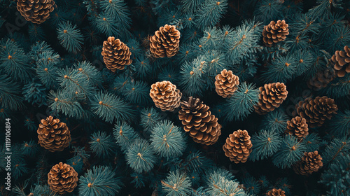 overhead view on spuce and thuja branches with cones, Christmas background photo