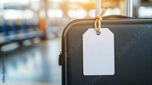 A close-up of a suitcase with a blank tag at the airport, symbolizing travel and adventure, ready for the next journey. photo