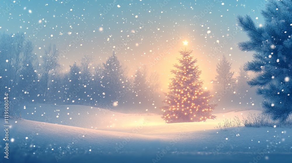 Naklejka premium Magical Christmas tree in snowy forest at night.