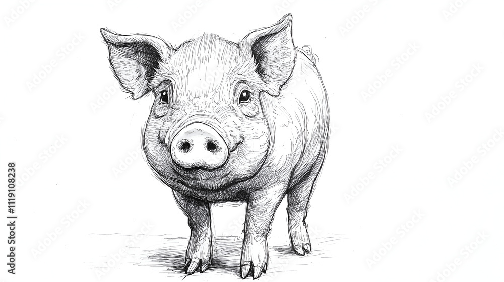 Fototapeta premium Black and white drawing of a pig on grass, with a white background