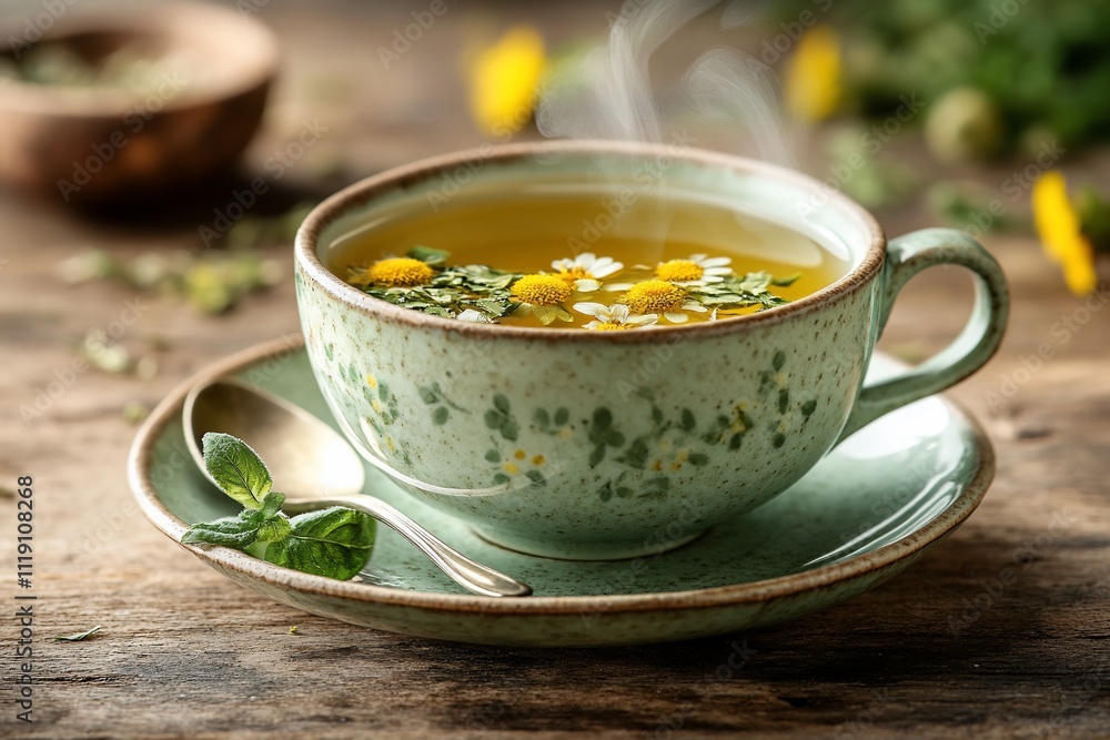 Steaming cup of herbal chamomile tea with flowers on rustic wooden table. Steaming cup of herbal chamomile tea with flowers on rustic wooden table.