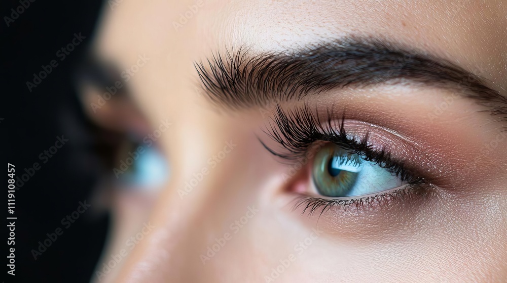 Fototapeta premium Close-up of a young woman's captivating green eyes framed by long lashes, showcasing beauty and emotion in a striking manner.