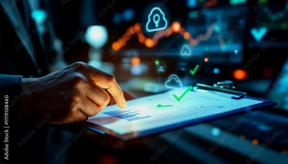 Hand holding a digital clipboard with checkmarks, surrounded by icons related to cybersecurity, finance, and data protectio Hand holding a digital clipboard with checkmarks, surrounded by icons related to cybersecurity, finance, and data protectio