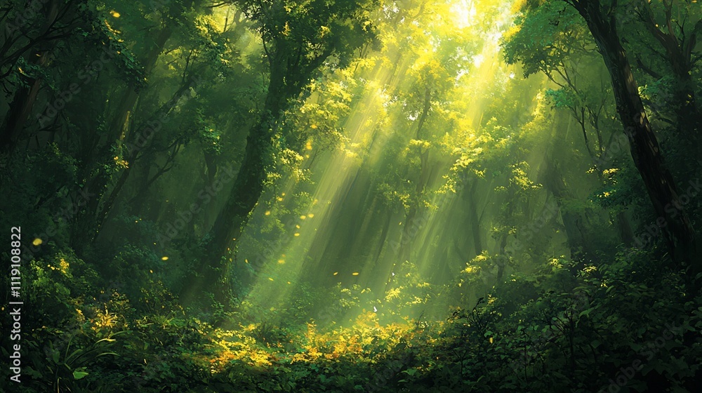 Obraz premium Sunbeams illuminate a mystical, green forest path.